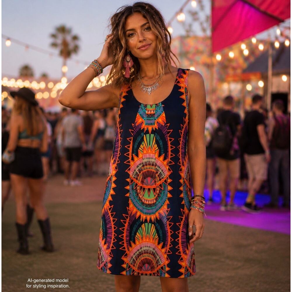 Mara Hoffman Maristar Dress Sz S Neon Geometric Psychedelic Shift Mini Festival